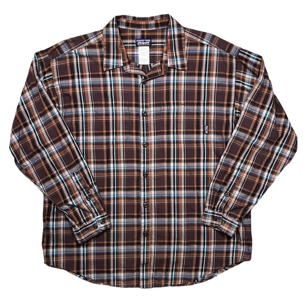Patagonia Organic Cotton Brown Orange Blue Plaid Long Sleeve Shirt Mens Size XL